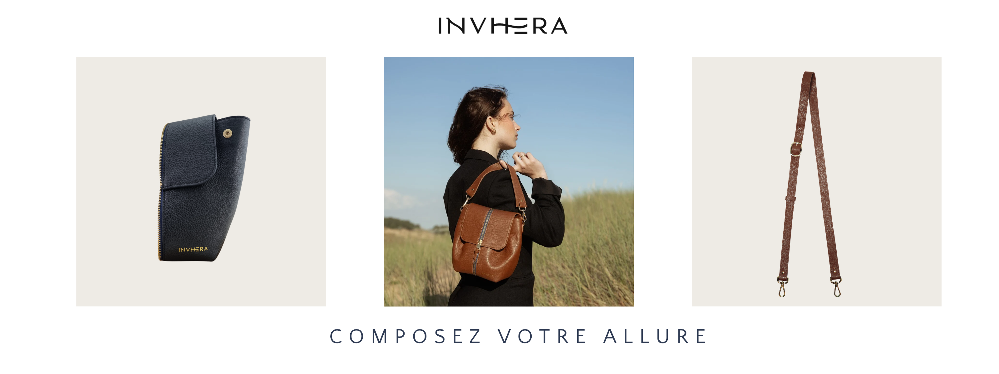 Sac à main Invhera en cuir grainé LWG d'Italie à personnaliser avec nos accessoires détachables